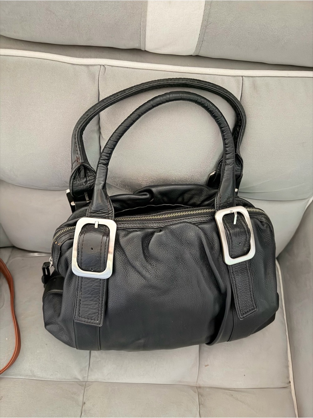 Cole Haan Black Leather Shoulder Bag with Silver Buckles